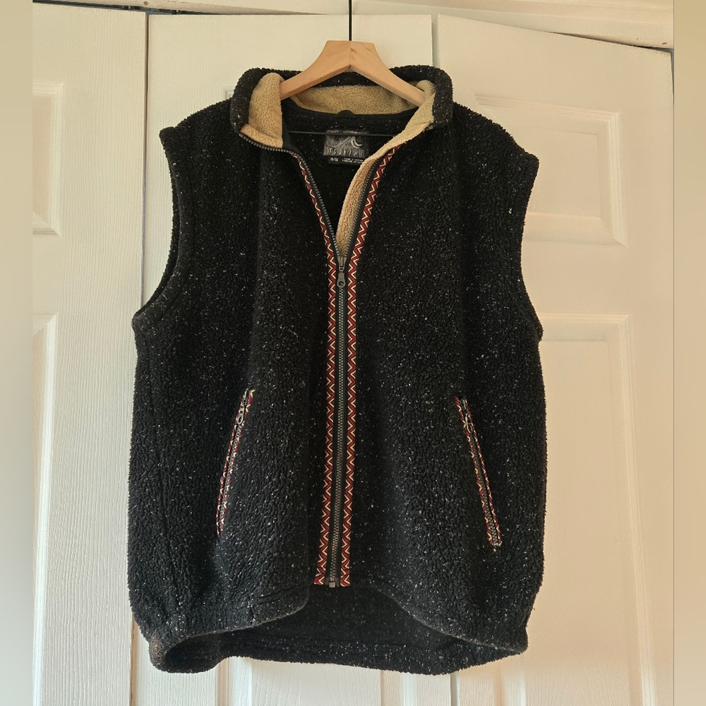90s Tsunami Fleece Vest XL Black Sherpa Zip Front Outdoor Aztec Trim